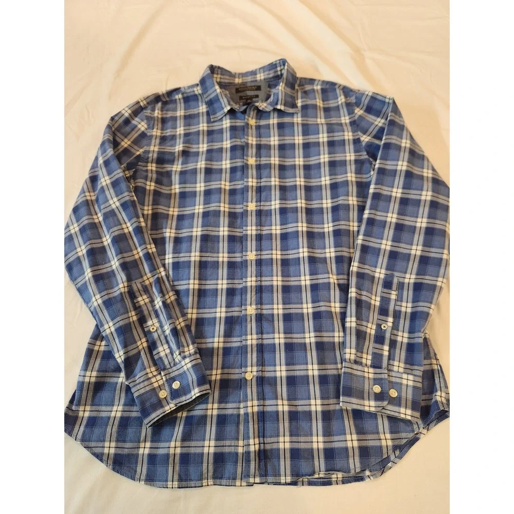 Banana Republic Mens XL Grant Fit Custom Wash Blue Plaid Cotton Button‎ Shirt